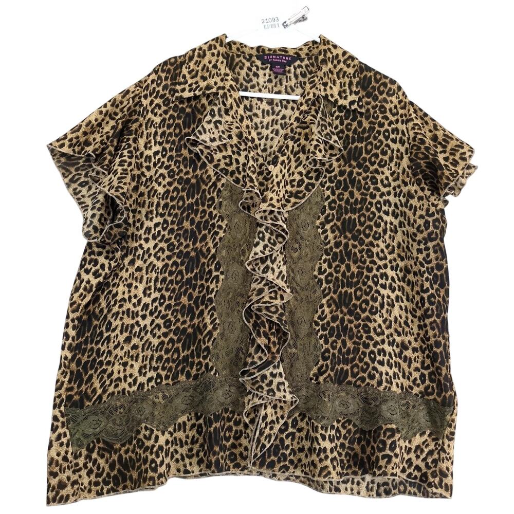 Signature Robbie Bee Leopard Print & Lace Chiffon Blouse Top Women's 16W Ruffled